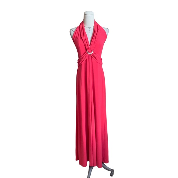 Vintage 90s Lillie Rubin Coral Halter Neck Jersey Gown Cocktail Party Formal XS